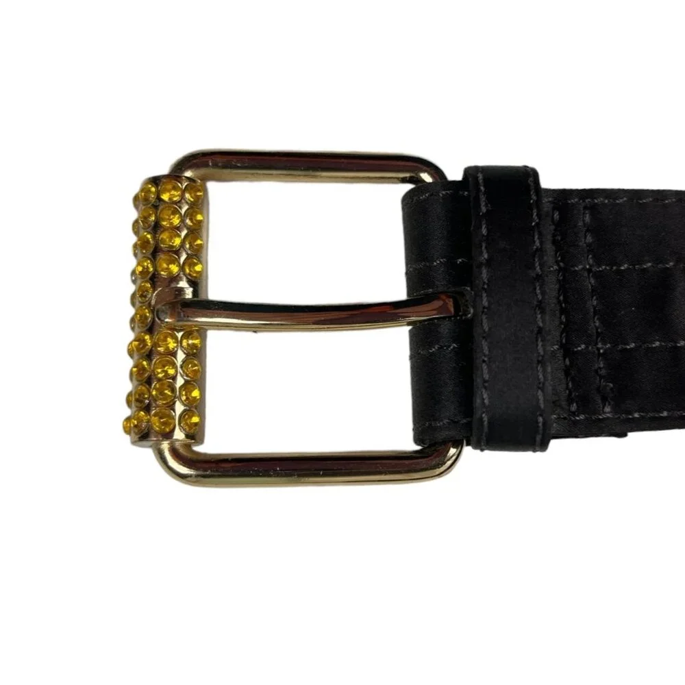 Gap Satin Brown Belt Yellow Bedazzles on Goldtone Buckle Stitch Detail Tiny Flaw